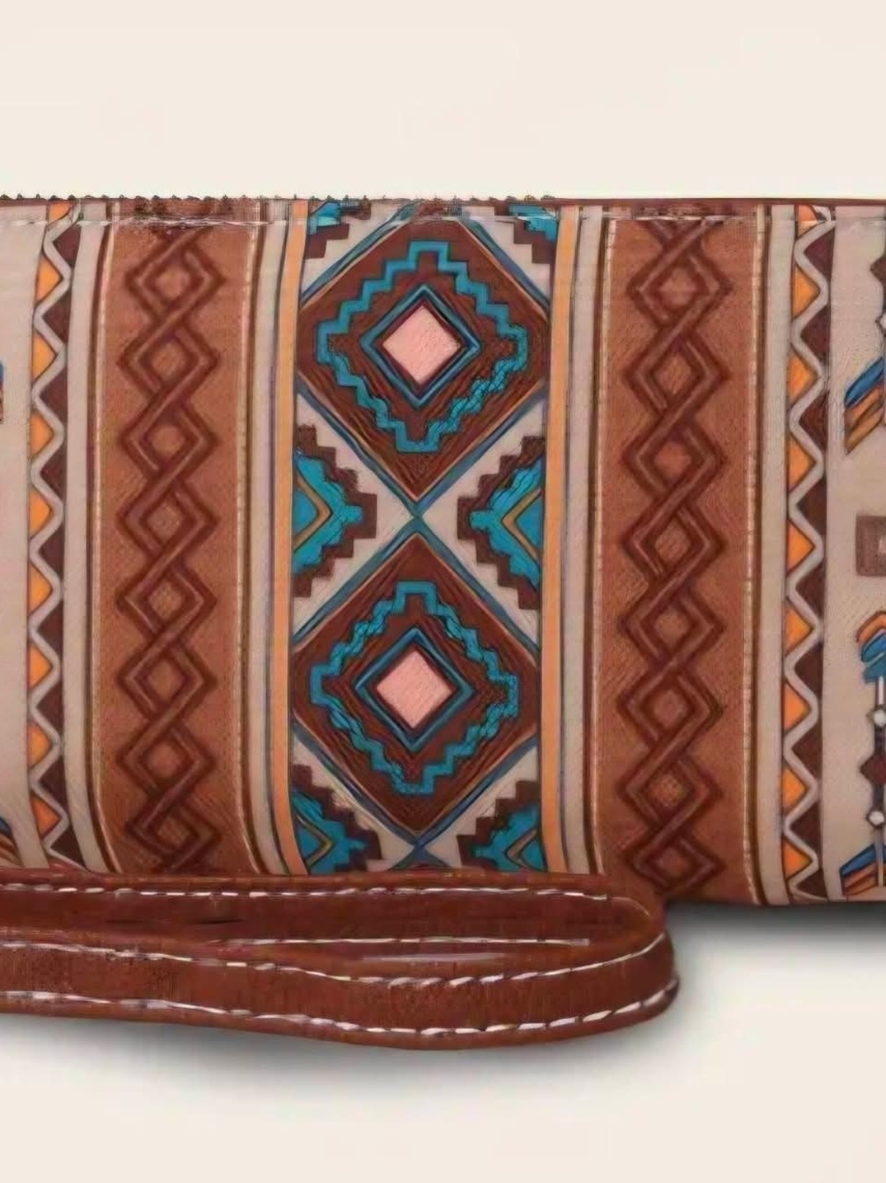 Aztec-Inspired Wristlet Clutch Wallet in Brown and Turquoise